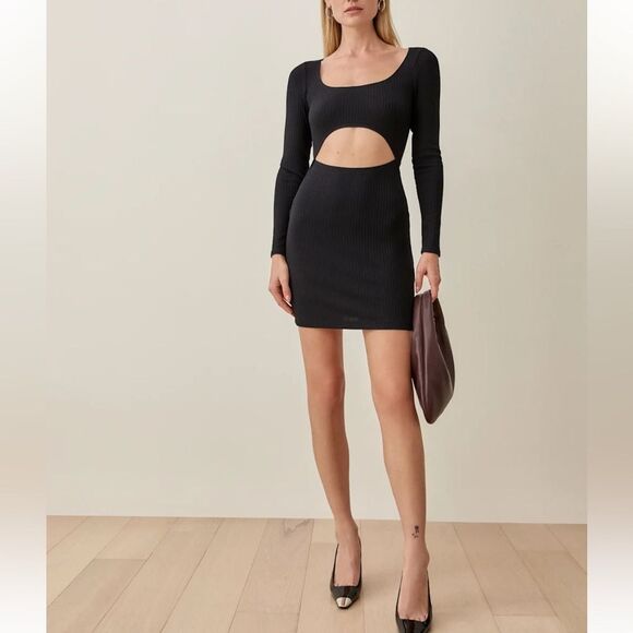Reformation Cut-Out Denmark Black Mini Dress Long Sleeve Black Size L NWT - Picture 1 of 5